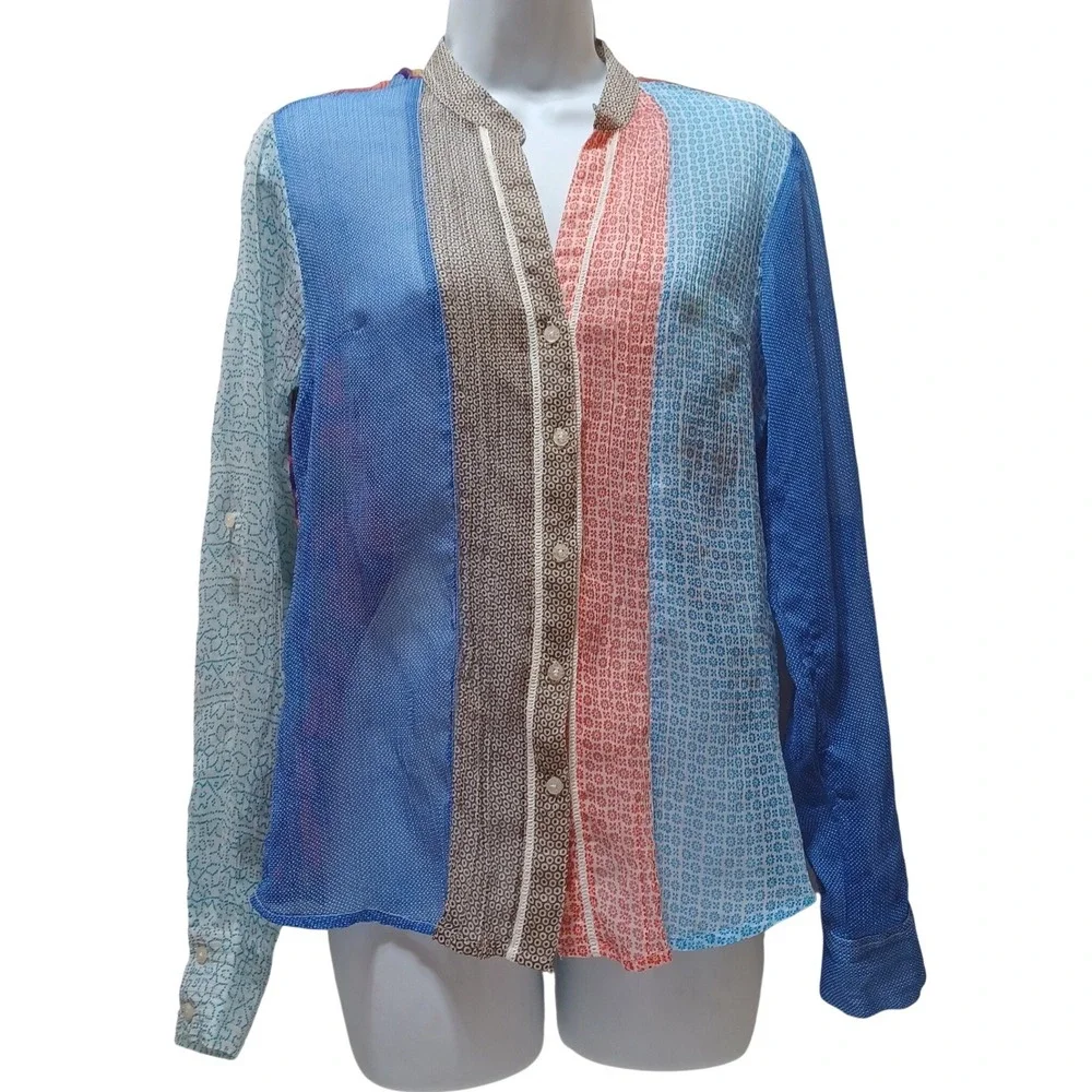 Desigual Women M Sheer Patchwork Embroidered Button Blouse Artsy Boho Maximalist